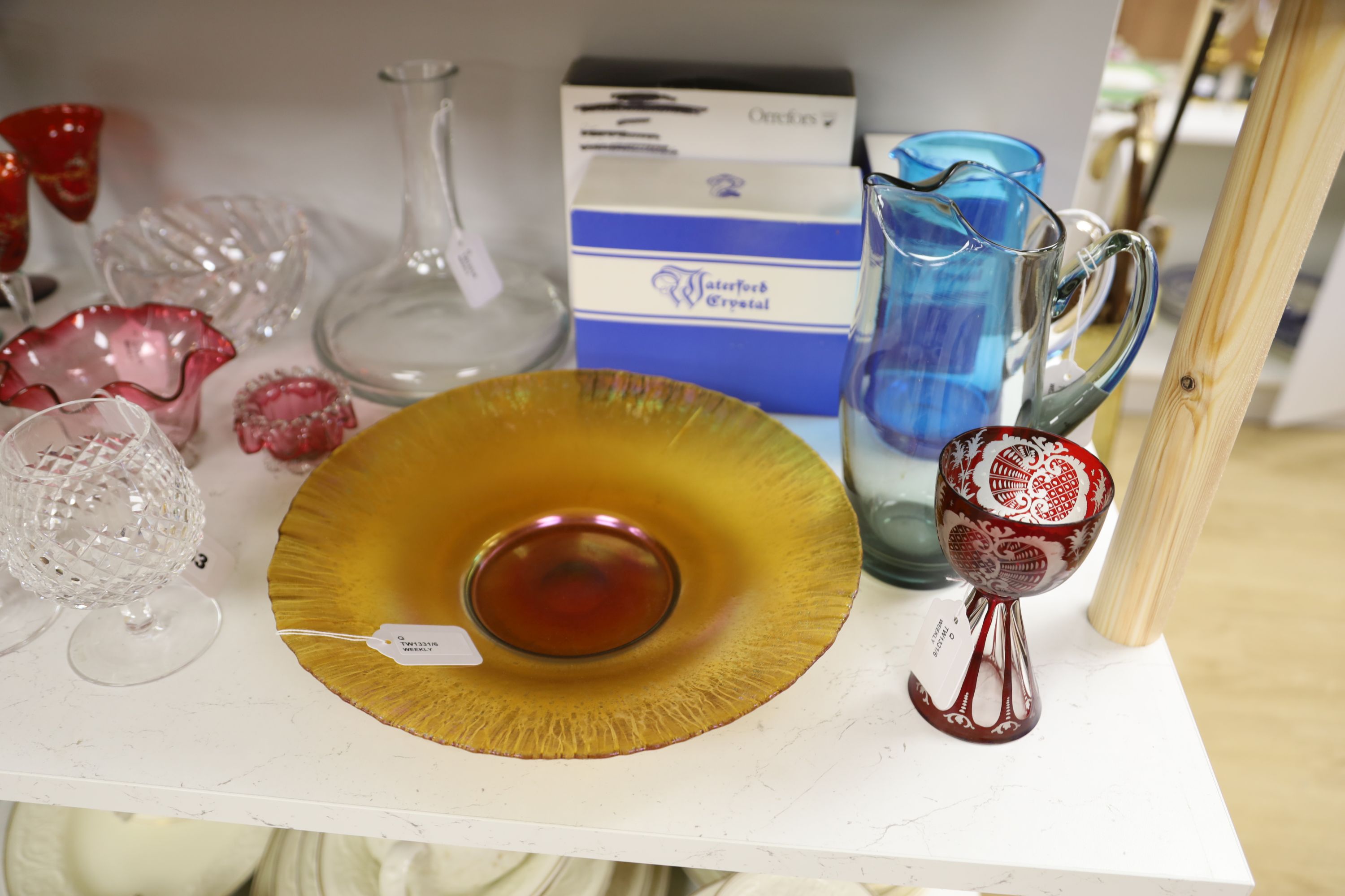 A quantity of glassware, including two Orrefors bowls (one boxed), a large iridescent centrepiece bowl,